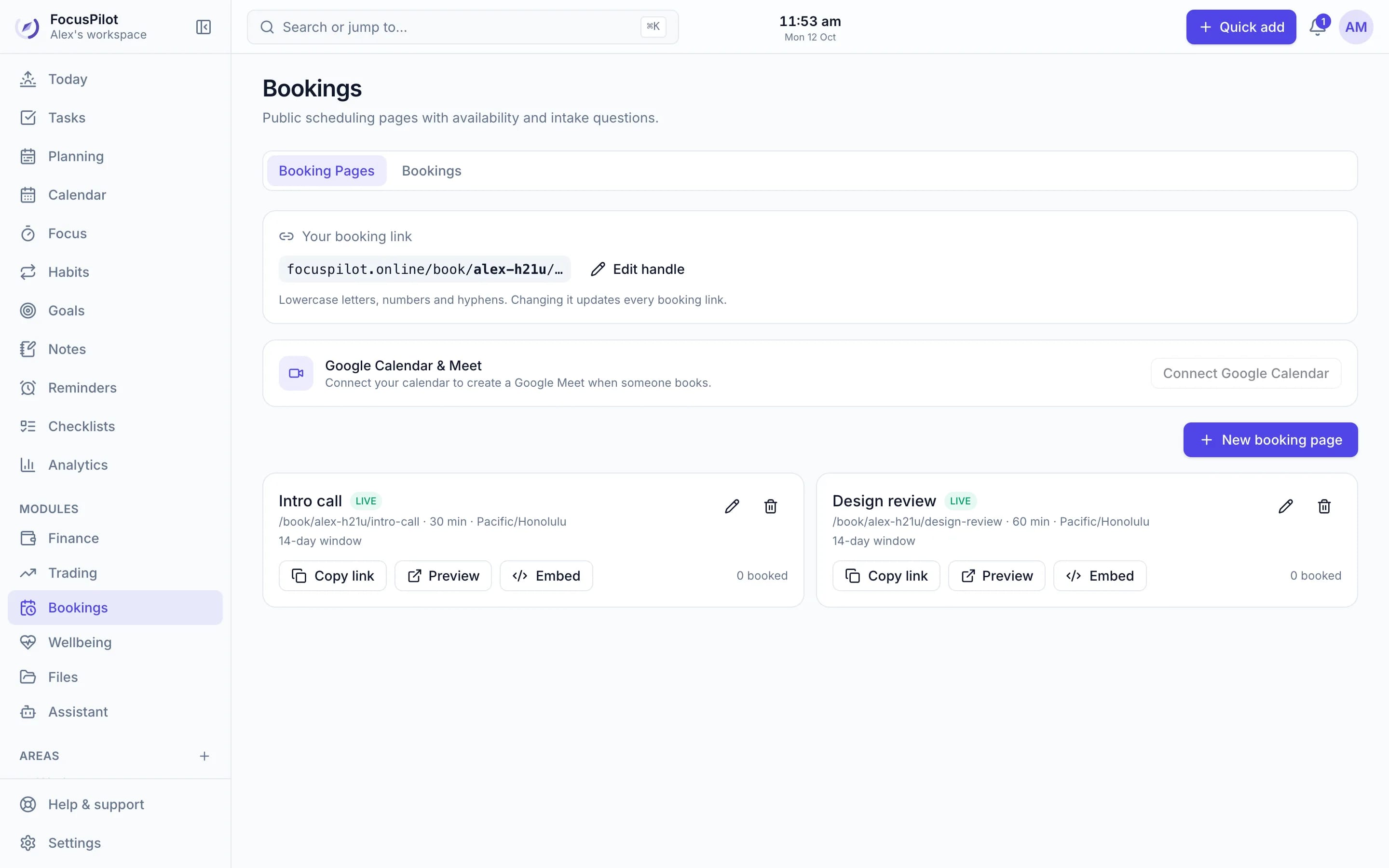 Booking pages with a public link, live status, copy-link, preview and website embed buttons
