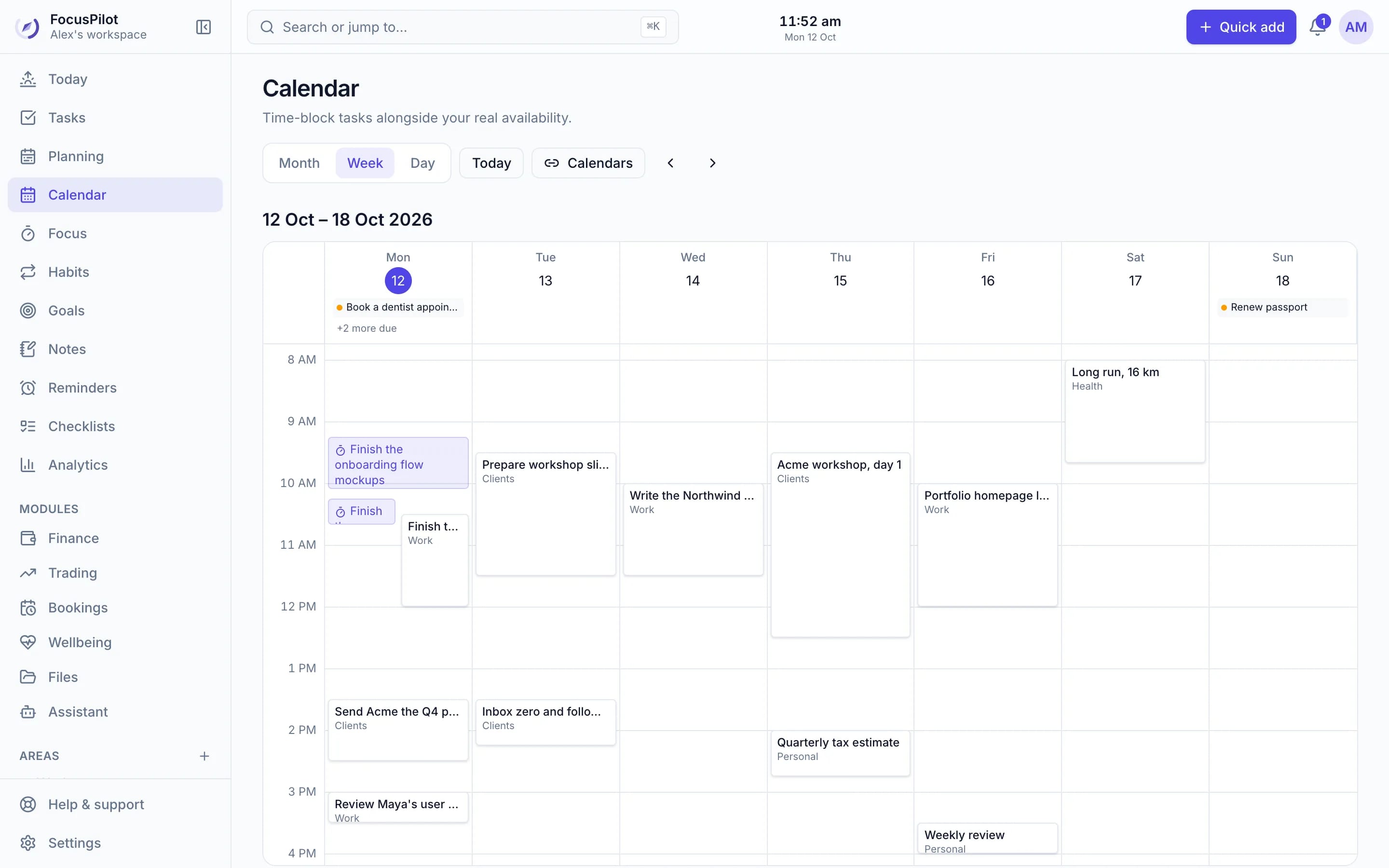 The Calendar in week view with tasks scheduled as time blocks and completed focus sessions