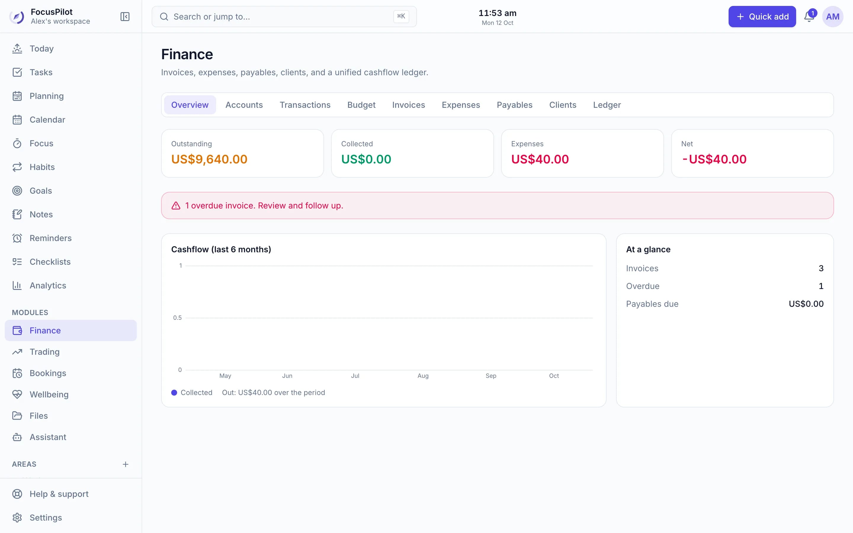 Finance overview with outstanding and collected invoices, expenses and net cashflow