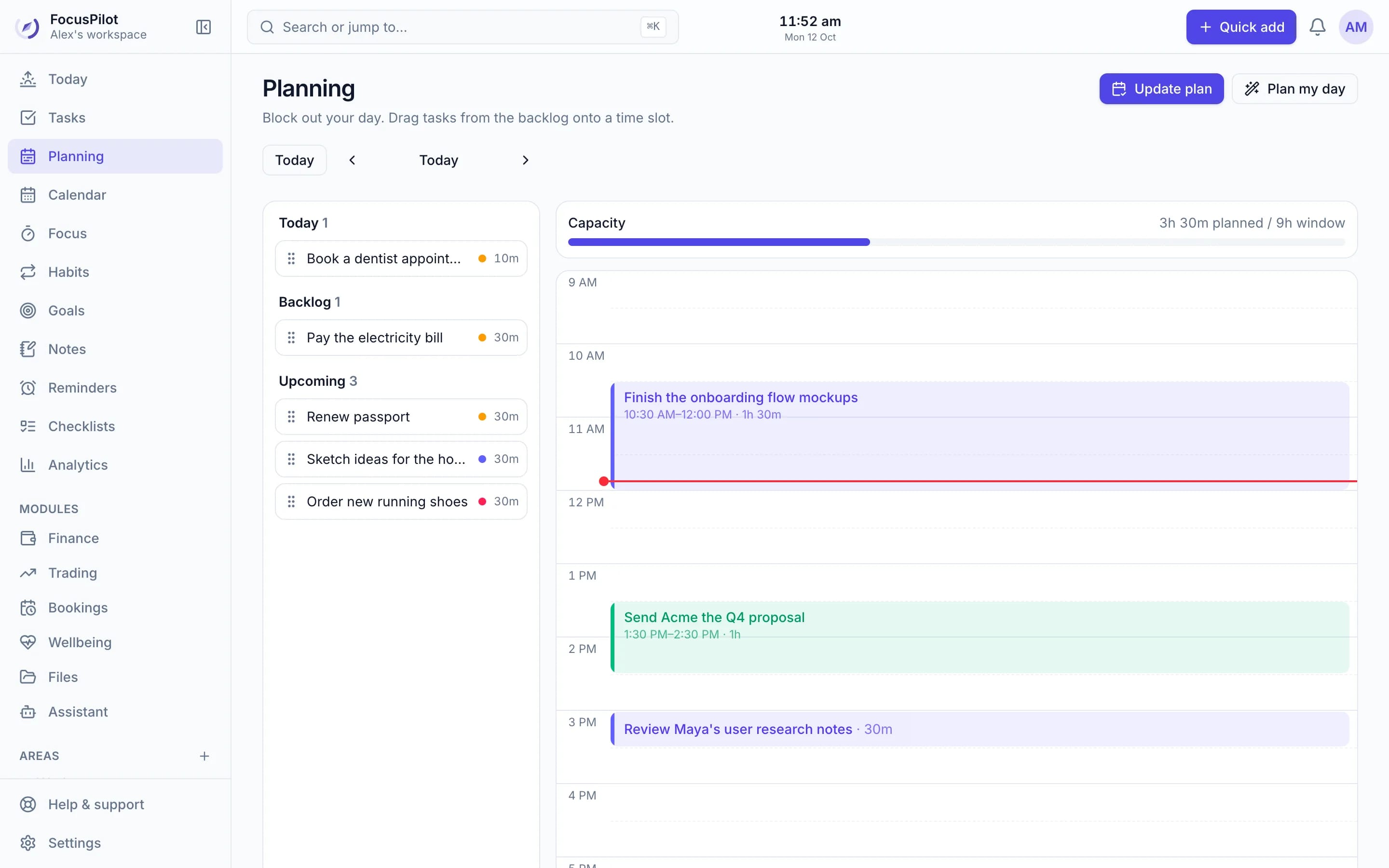 The Planning page: unscheduled tasks on the left and the day's time blocks on a timeline, with a capacity meter