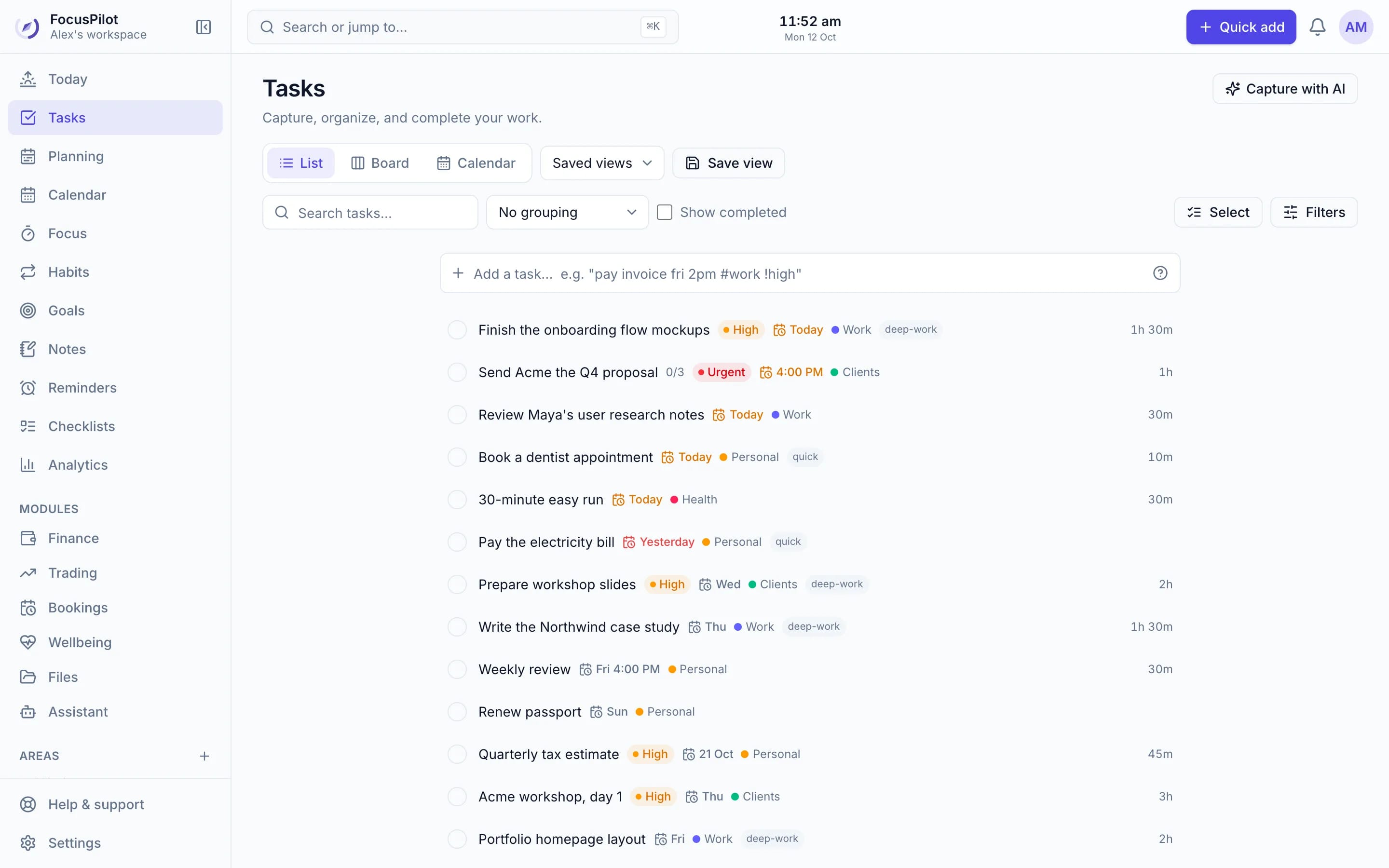The Tasks list with priorities, due dates, Areas, tags, subtask progress and time estimates, plus List, Board and Calendar views