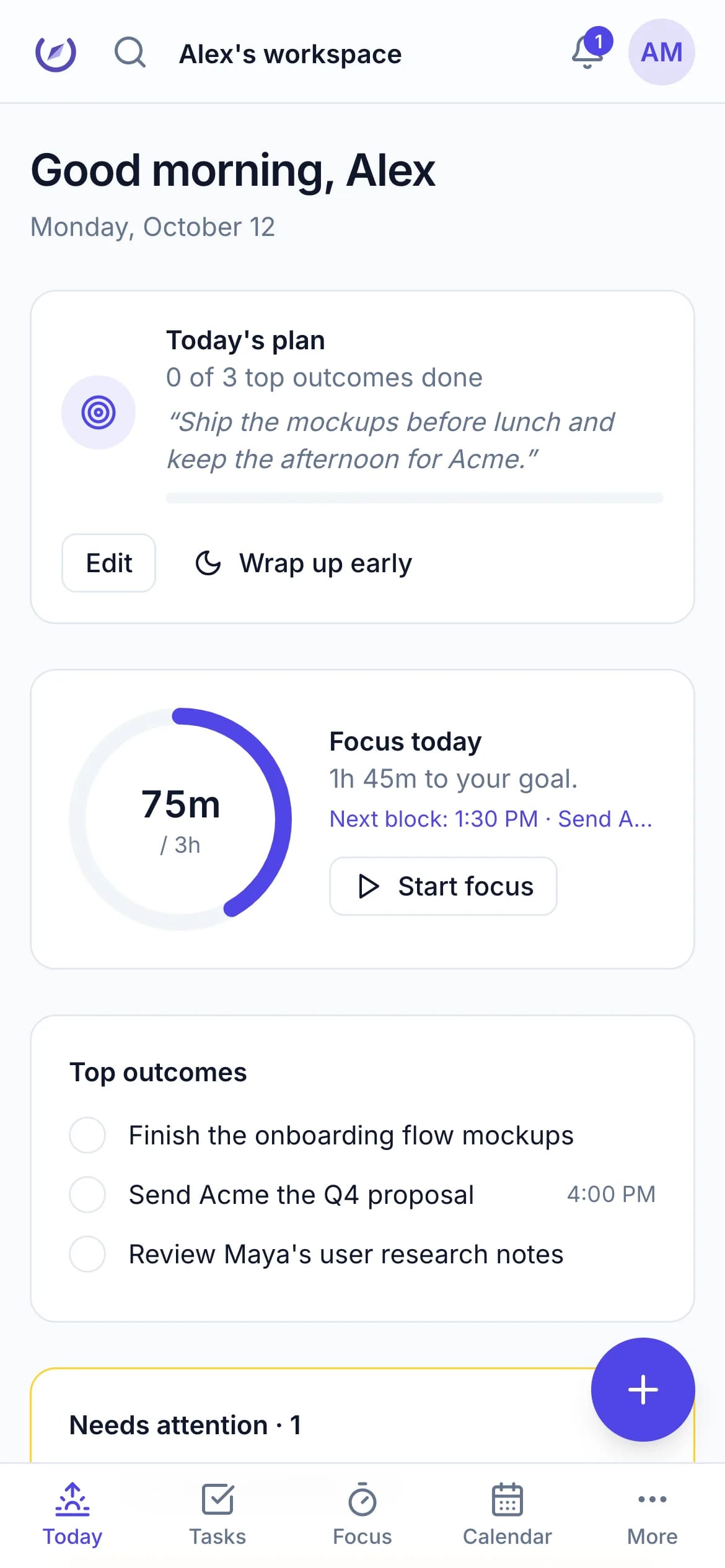 FocusPilot's Today page on a phone