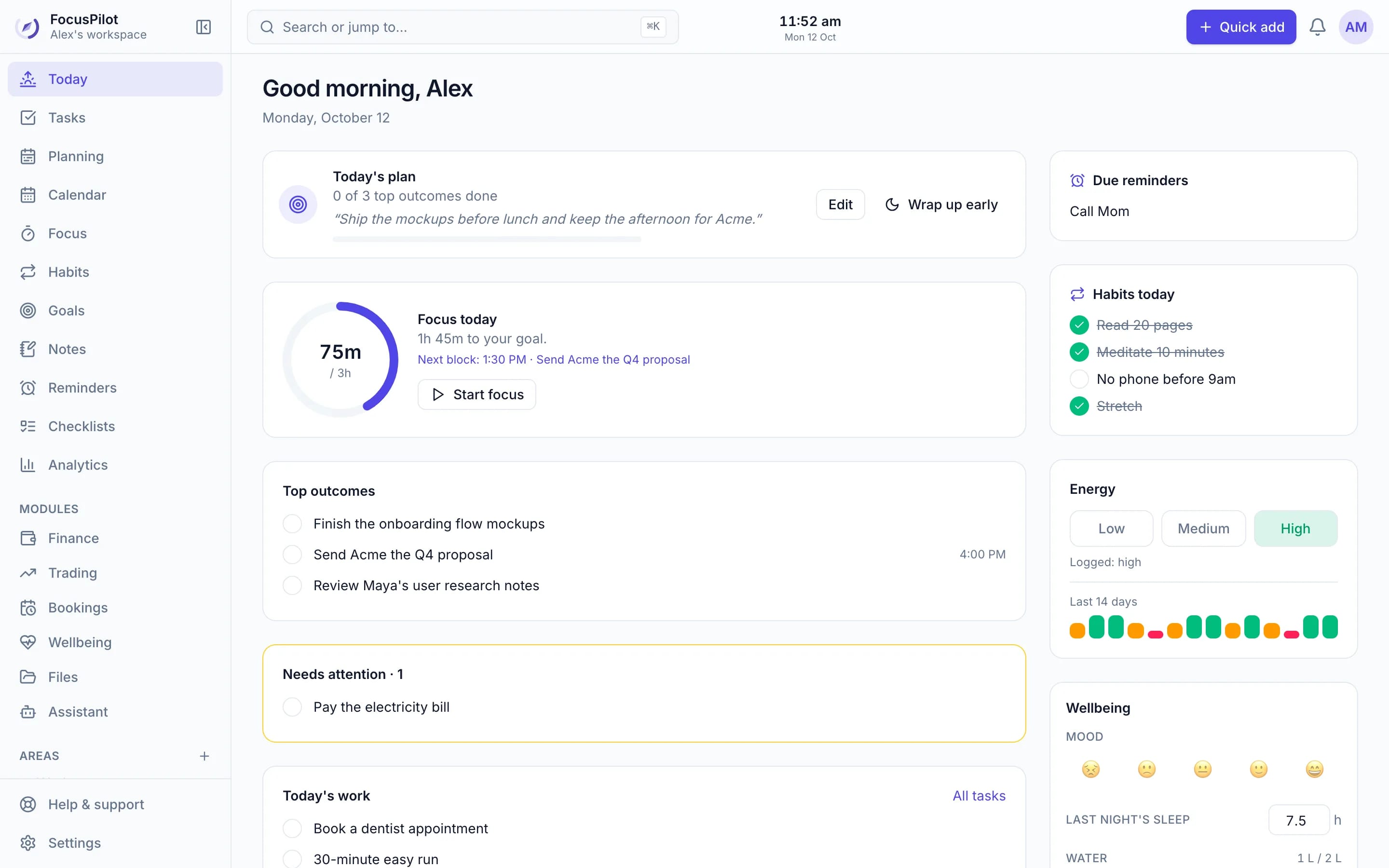 FocusPilot's Today page: the day's plan and intention, a focus ring at 75 of 180 minutes, three top outcomes, an overdue task, habits, energy and reminders
